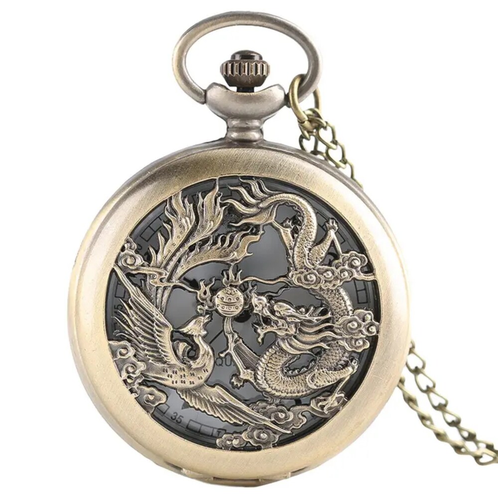 Bronze Half Hunter Hollow Pocket Watches Lucky Dragon & Phoenix with Chain